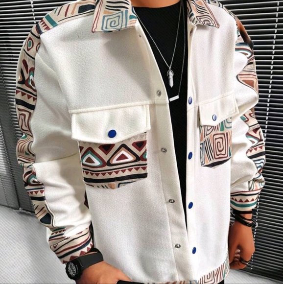 Men's Geometric Print Jacket With Flap Pockets - Picture 1 of 6